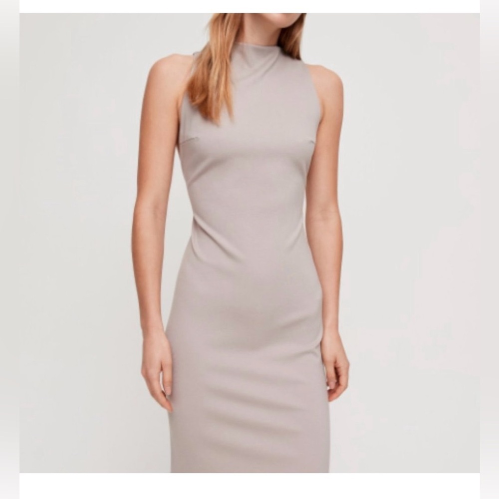 Aritizia Babaton Matheson Modern BodyCon Fitted Elegant Taupe Midi Dress Size 6